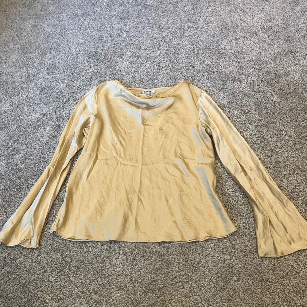 Bob Mackie Studio Gold 100% Silk Cowl Neck Rhinestone Bell Sleeve Blouse Size 14